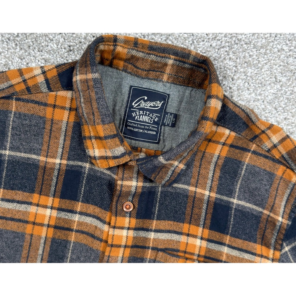 Grayers Heritage Flannel Shirt Mens L Navy Orange Plaid 100% Cotton Button Up